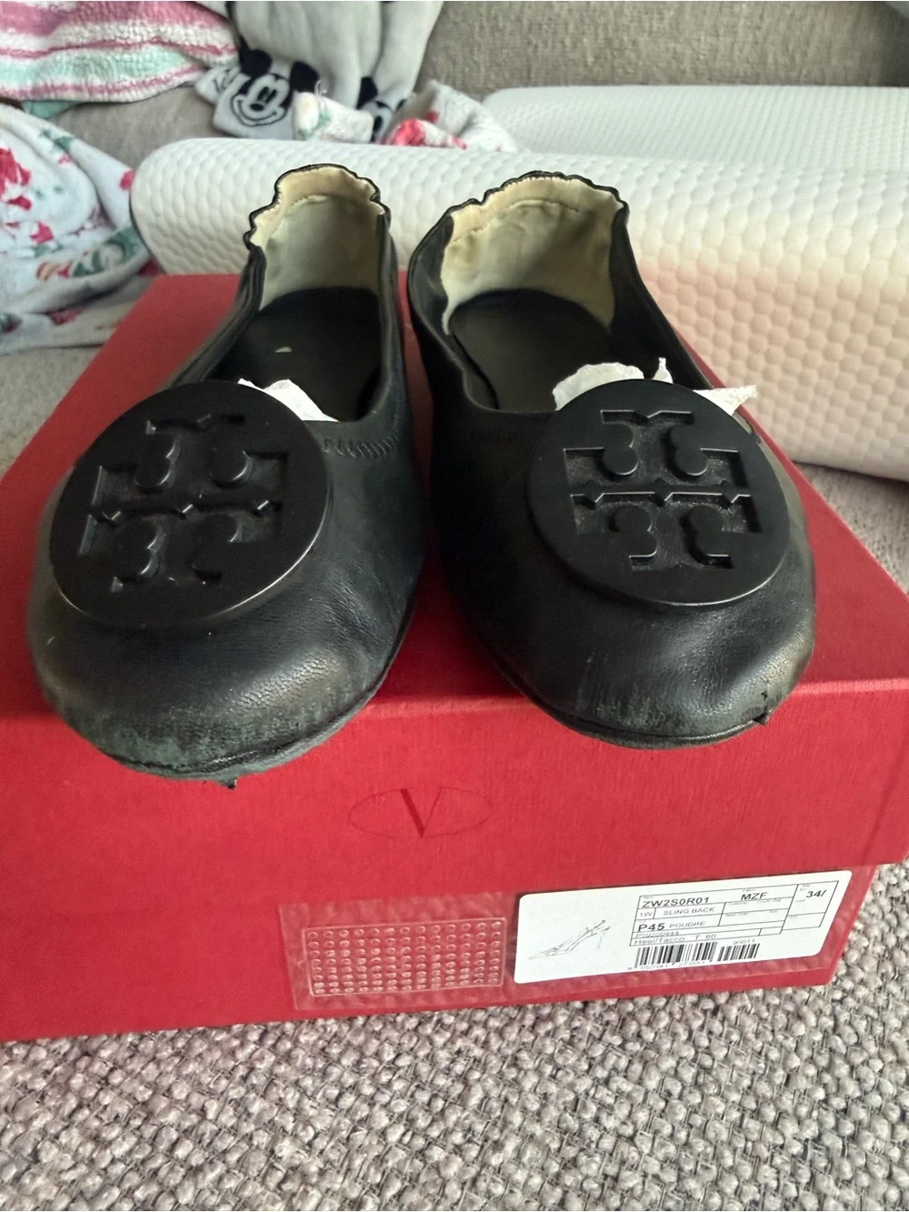 Tory Burch Black Leather Logo Ballet Flats